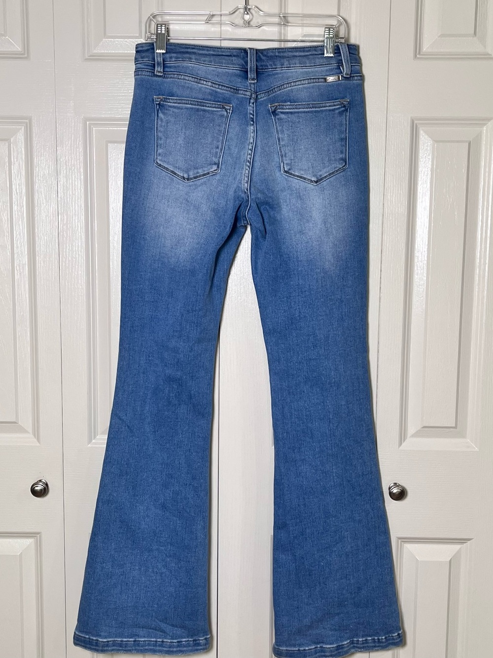 KanCan Medium Blue Distressed Faded Button Fly Flare Jeans Stretch Long Size 11 - Picture 5 of 9